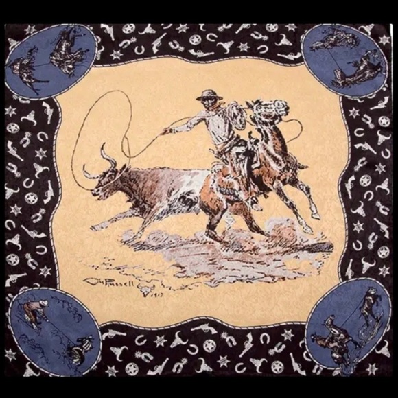 Wyoming Traders Limited Edition CM Russell Cowboy Print Silk Scarf—Rodeo-Great! - Picture 1 of 10